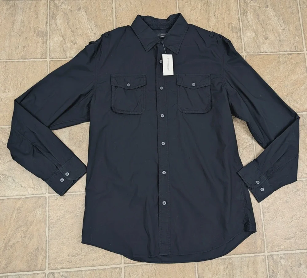 New Banana Republic sz L 16-16 1/2 Shirt Utility Safari Military black ls 3626